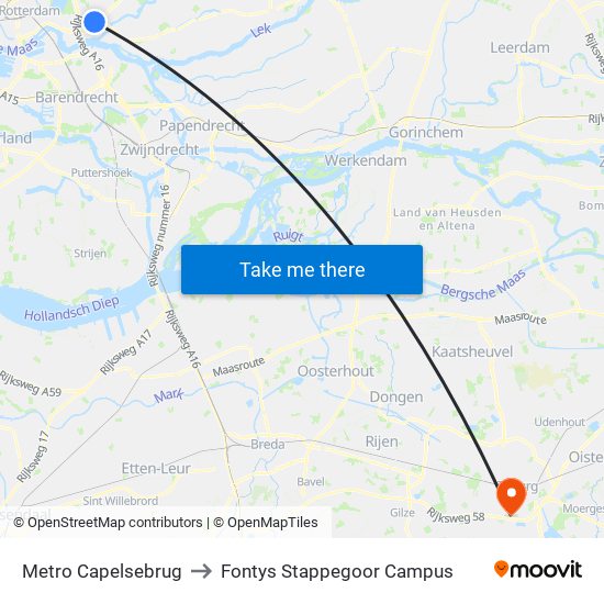 Metro Capelsebrug to Fontys Stappegoor Campus map