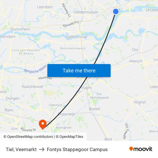 Tiel, Veemarkt to Fontys Stappegoor Campus map