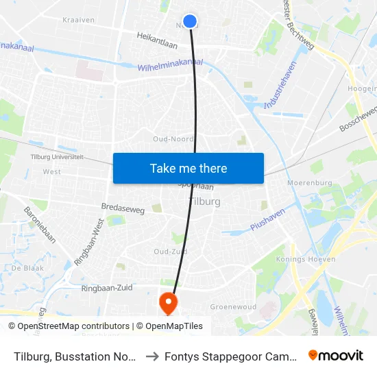 Tilburg, Busstation Noord to Fontys Stappegoor Campus map