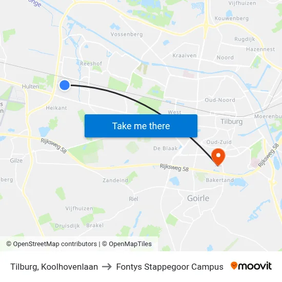Tilburg, Koolhovenlaan to Fontys Stappegoor Campus map