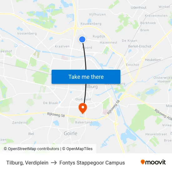 Tilburg, Verdiplein to Fontys Stappegoor Campus map
