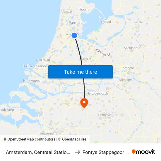 Amsterdam, Centraal Station (Perron J) to Fontys Stappegoor Campus map