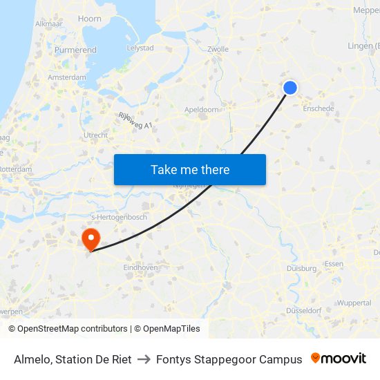 Almelo, Station De Riet to Fontys Stappegoor Campus map