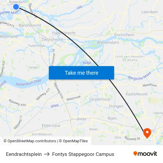 Eendrachtsplein to Fontys Stappegoor Campus map