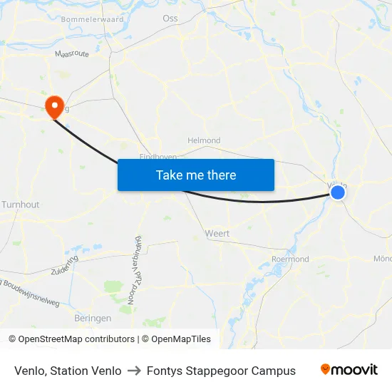 Venlo, Station Venlo to Fontys Stappegoor Campus map
