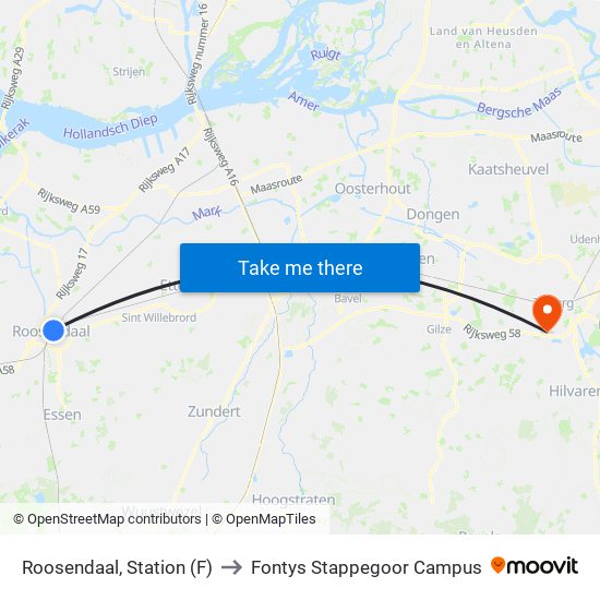 Roosendaal, Station (F) to Fontys Stappegoor Campus map