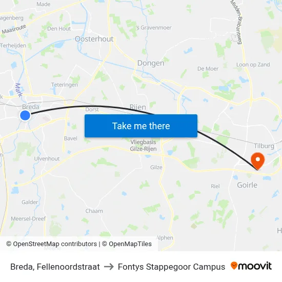 Breda, Fellenoordstraat to Fontys Stappegoor Campus map