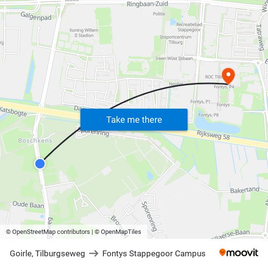 Goirle, Tilburgseweg to Fontys Stappegoor Campus map