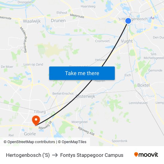 Hertogenbosch ('S) to Fontys Stappegoor Campus map