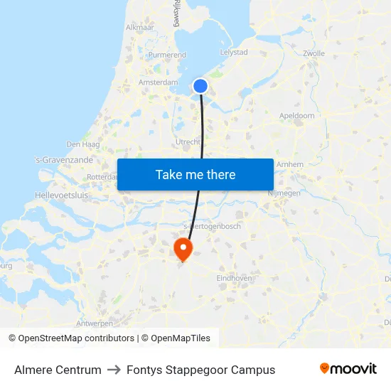 Almere Centrum to Fontys Stappegoor Campus map