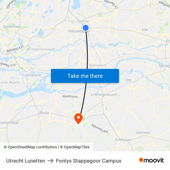 Utrecht Lunetten to Fontys Stappegoor Campus map