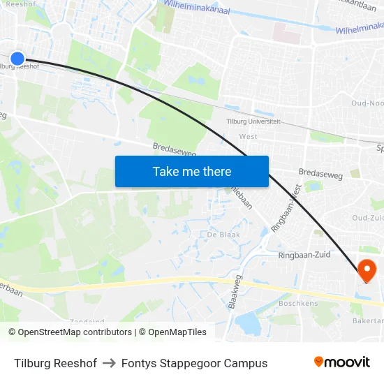 Tilburg Reeshof to Fontys Stappegoor Campus map