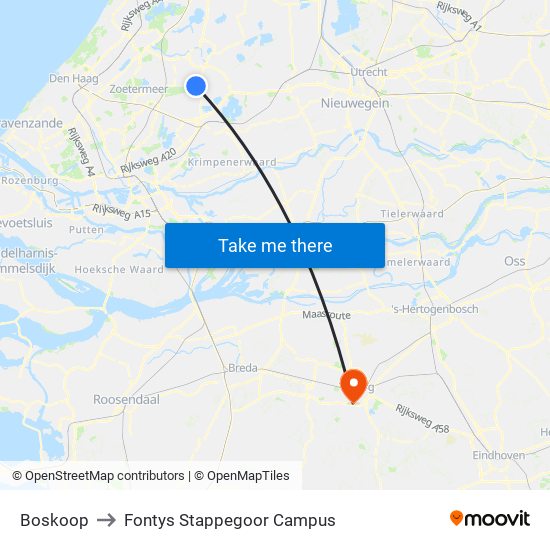 Boskoop to Fontys Stappegoor Campus map