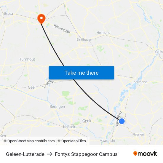 Geleen-Lutterade to Fontys Stappegoor Campus map