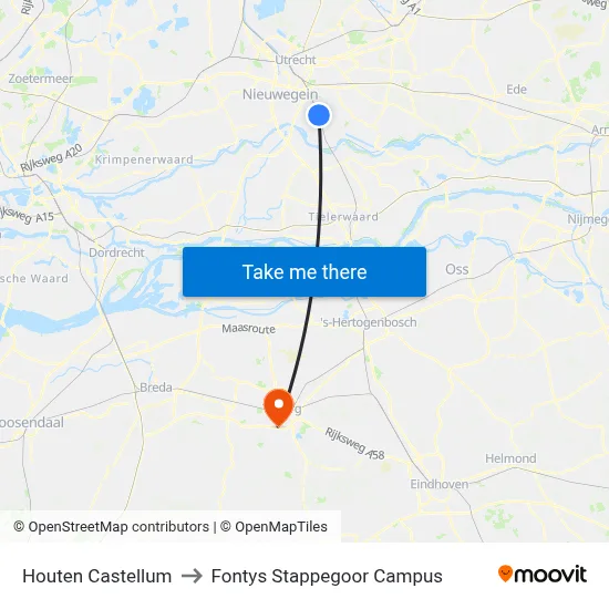 Houten Castellum to Fontys Stappegoor Campus map