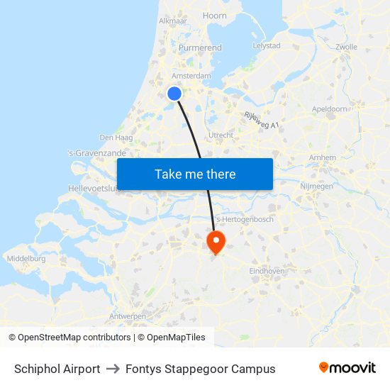 Schiphol Airport to Fontys Stappegoor Campus map