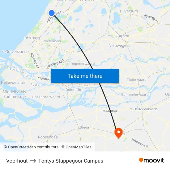 Voorhout to Fontys Stappegoor Campus map