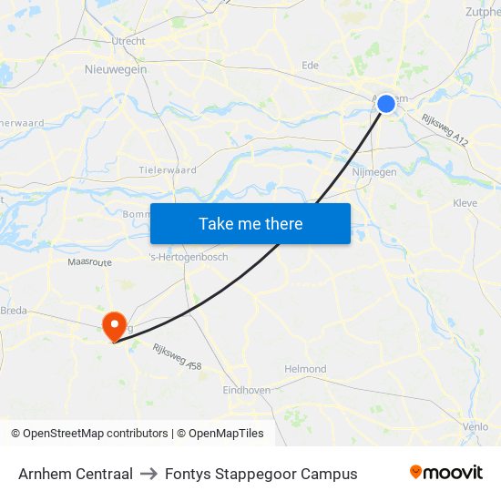 Arnhem Centraal to Fontys Stappegoor Campus map