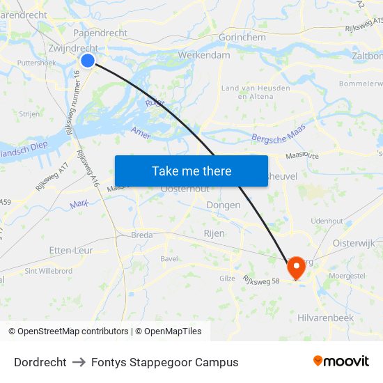 Dordrecht to Fontys Stappegoor Campus map