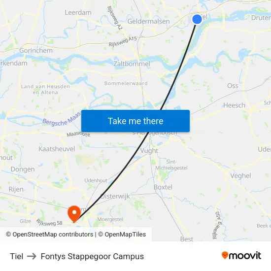 Tiel to Fontys Stappegoor Campus map