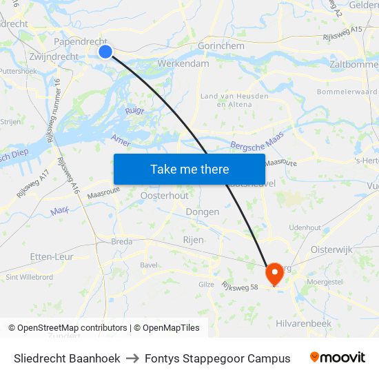 Sliedrecht Baanhoek to Fontys Stappegoor Campus map