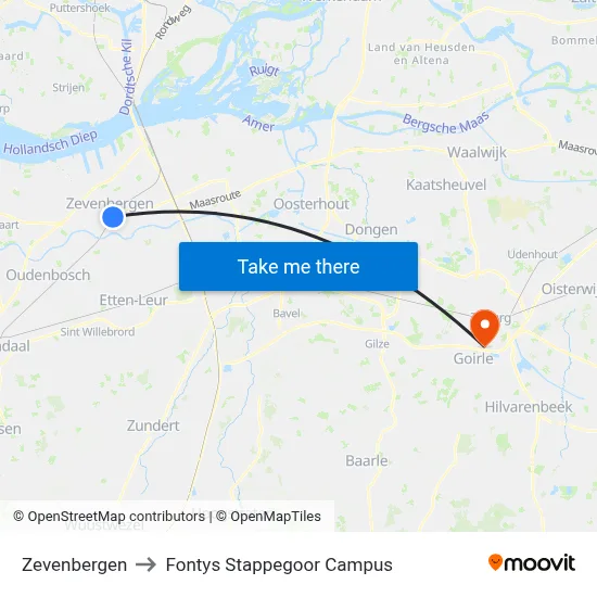 Zevenbergen to Fontys Stappegoor Campus map