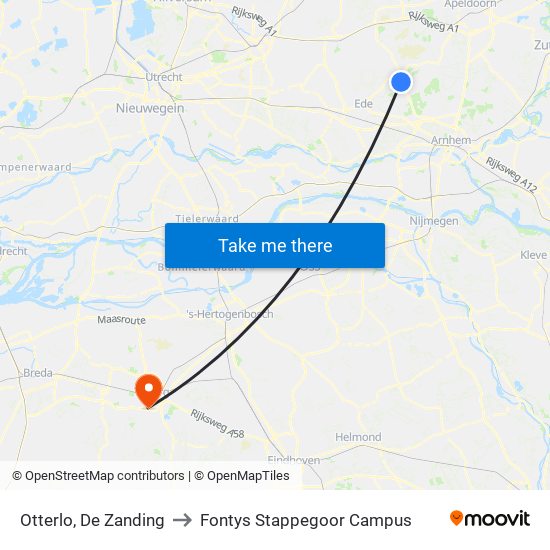 Otterlo, De Zanding to Fontys Stappegoor Campus map