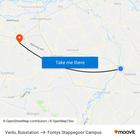 Venlo, Busstation to Fontys Stappegoor Campus map