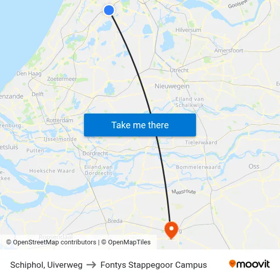 Schiphol, Uiverweg to Fontys Stappegoor Campus map