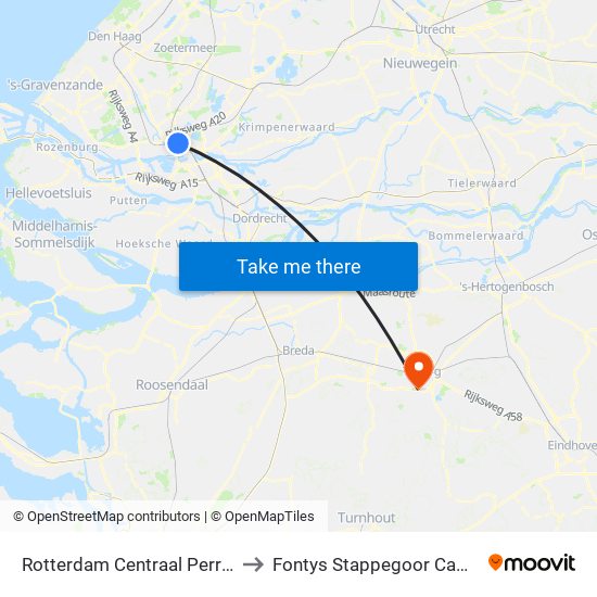 Rotterdam Centraal Perron D to Fontys Stappegoor Campus map