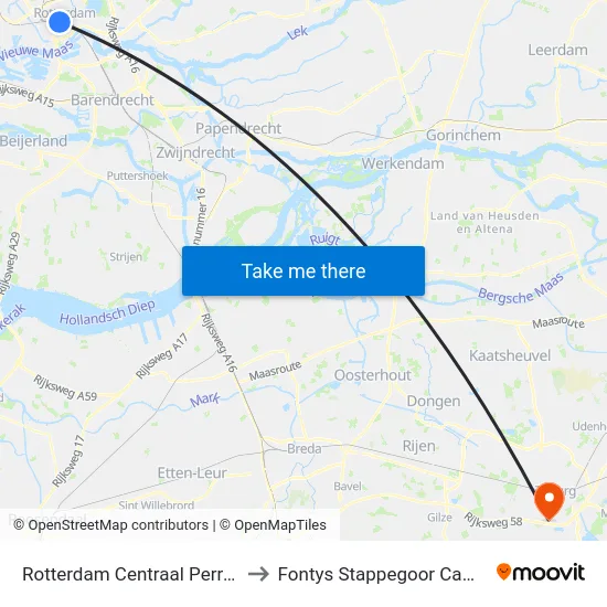 Rotterdam Centraal Perron A to Fontys Stappegoor Campus map