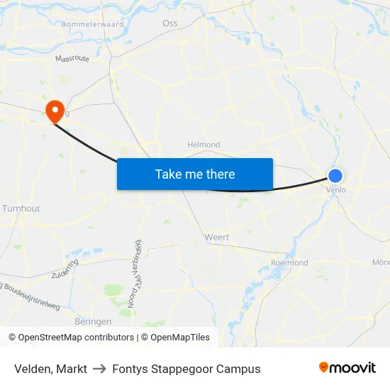 Velden, Markt to Fontys Stappegoor Campus map