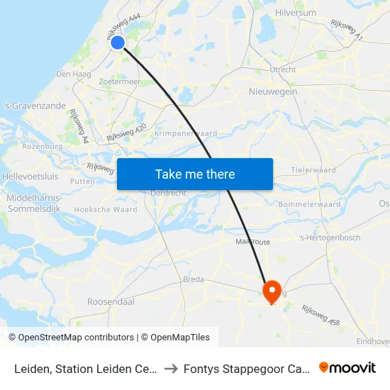 Leiden, Station Leiden Centraal to Fontys Stappegoor Campus map