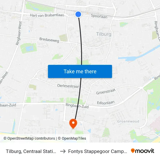 Tilburg, Centraal Station to Fontys Stappegoor Campus map
