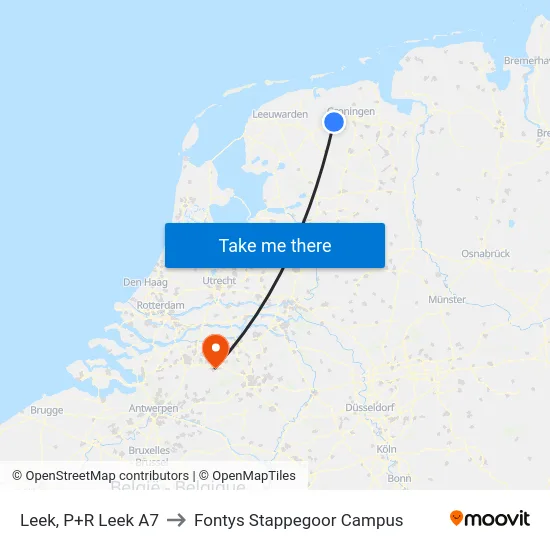 Leek, P+R Leek A7 to Fontys Stappegoor Campus map