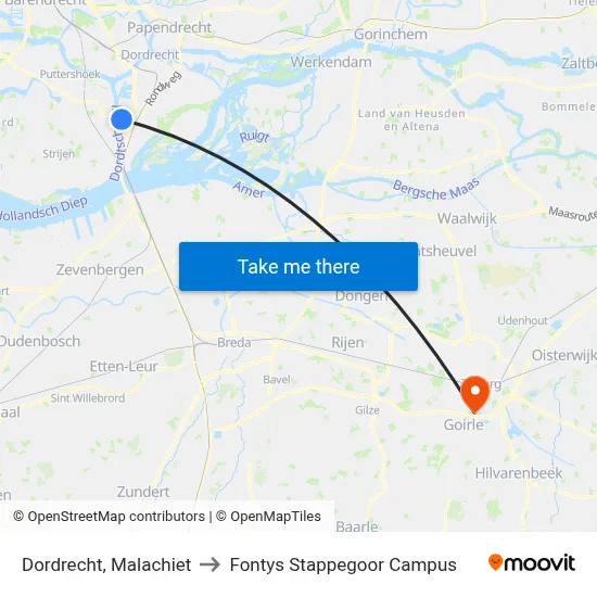 Dordrecht, Malachiet to Fontys Stappegoor Campus map