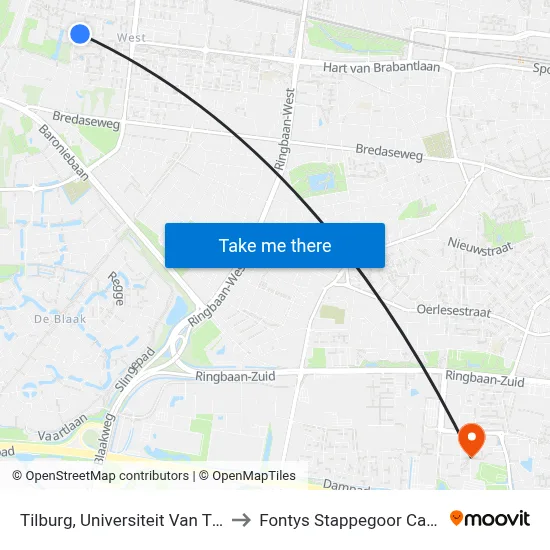 Tilburg, Universiteit Van Tilburg to Fontys Stappegoor Campus map