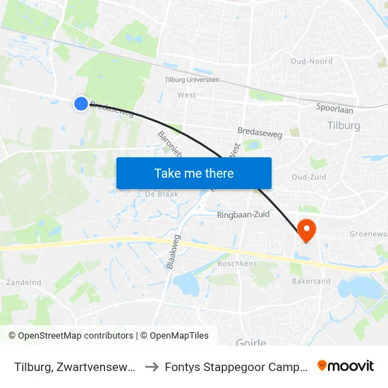 Tilburg, Zwartvenseweg to Fontys Stappegoor Campus map