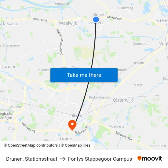 Drunen, Stationsstraat to Fontys Stappegoor Campus map