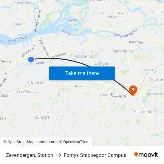 Zevenbergen, Station to Fontys Stappegoor Campus map