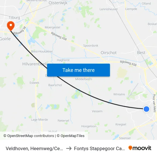 Veldhoven, Heemweg/Centrum to Fontys Stappegoor Campus map