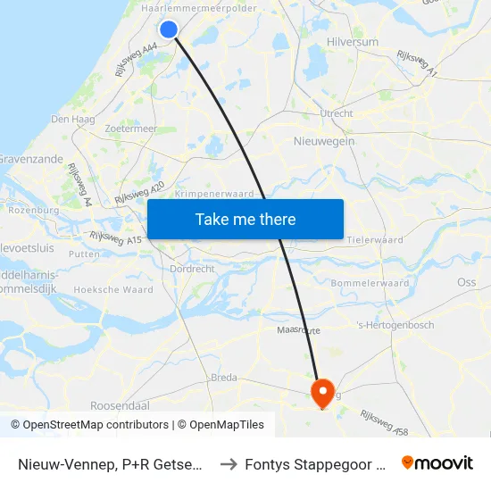 Nieuw-Vennep, P+R Getsewoud Zuid to Fontys Stappegoor Campus map