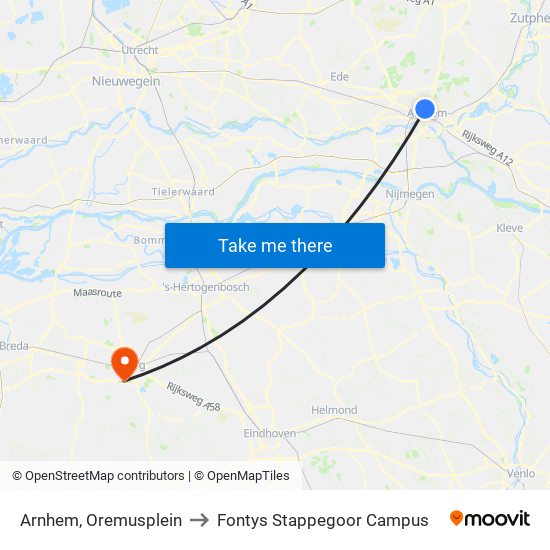 Arnhem, Oremusplein to Fontys Stappegoor Campus map