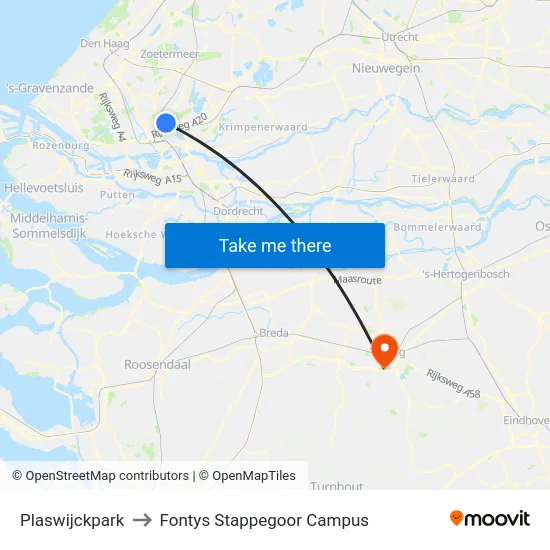 Plaswijckpark to Fontys Stappegoor Campus map