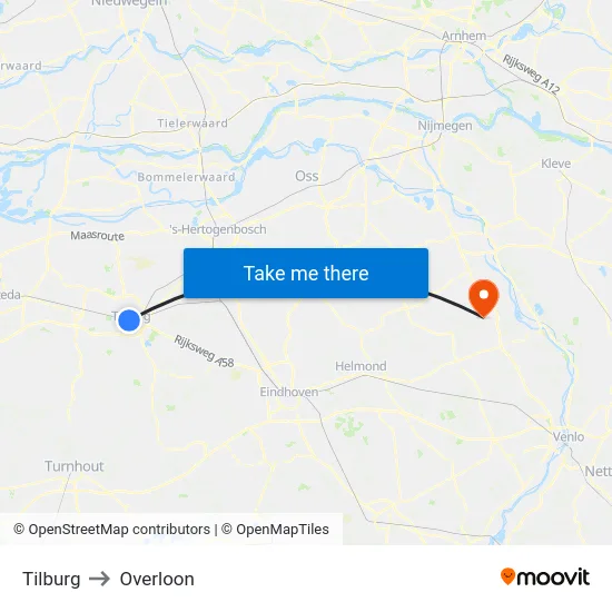 Tilburg to Overloon map