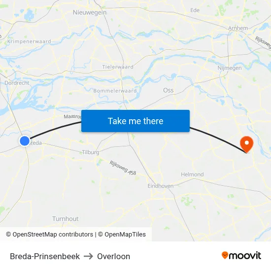 Breda-Prinsenbeek to Overloon map