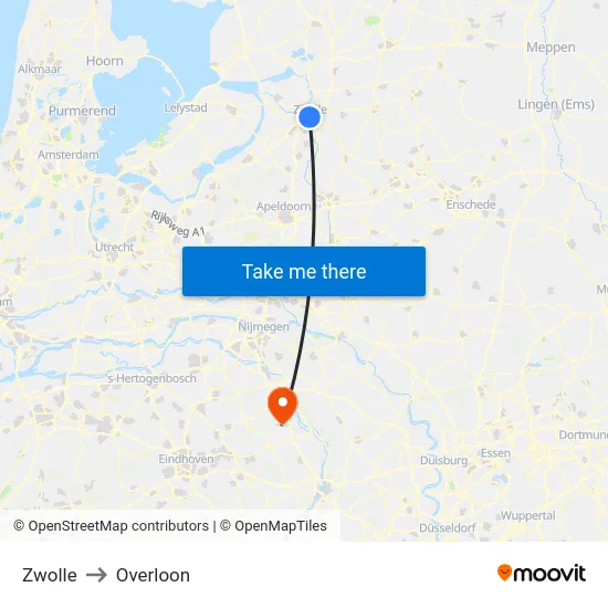 Zwolle to Overloon map