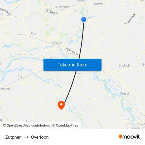 Zutphen to Overloon map