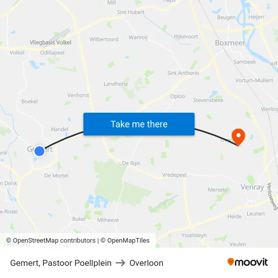 Gemert, Pastoor Poellplein to Overloon map