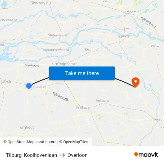 Tilburg, Koolhovenlaan to Overloon map